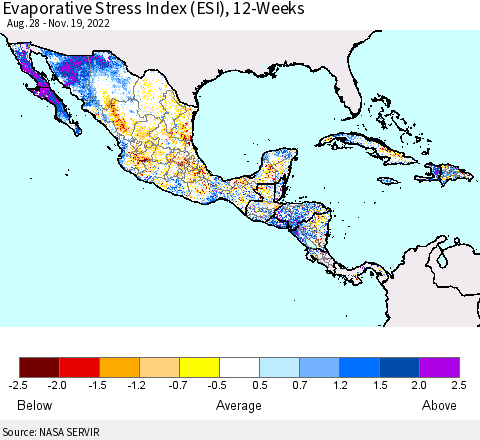 Mexico Central America and the Caribbean Evaporative Stress Index (ESI), 12-Weeks Thematic Map For 11/14/2022 - 11/20/2022