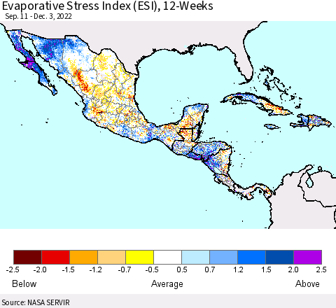 Mexico Central America and the Caribbean Evaporative Stress Index (ESI), 12-Weeks Thematic Map For 11/28/2022 - 12/4/2022