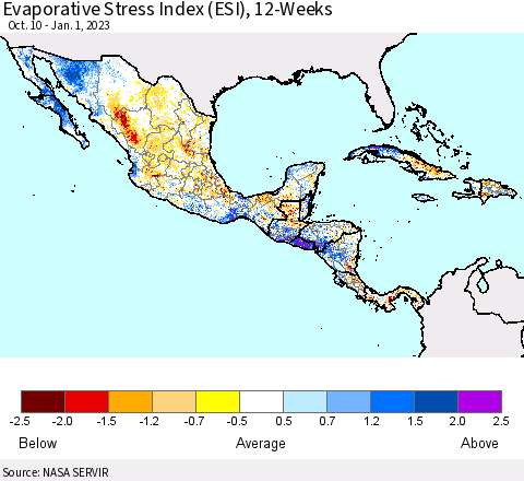 Mexico Central America and the Caribbean Evaporative Stress Index (ESI), 12-Weeks Thematic Map For 12/26/2022 - 1/1/2023
