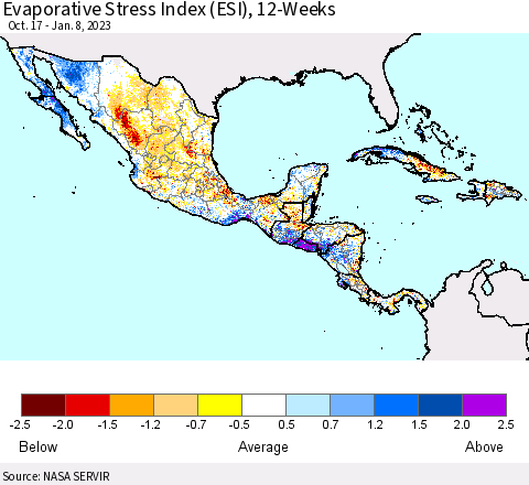 Mexico Central America and the Caribbean Evaporative Stress Index (ESI), 12-Weeks Thematic Map For 1/2/2023 - 1/8/2023