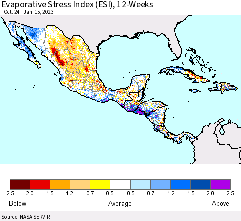 Mexico Central America and the Caribbean Evaporative Stress Index (ESI), 12-Weeks Thematic Map For 1/9/2023 - 1/15/2023
