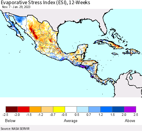 Mexico Central America and the Caribbean Evaporative Stress Index (ESI), 12-Weeks Thematic Map For 1/23/2023 - 1/29/2023