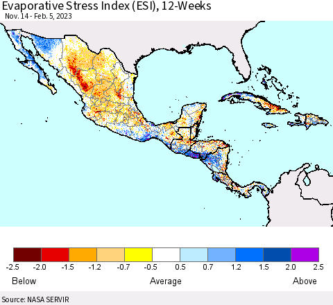 Mexico Central America and the Caribbean Evaporative Stress Index (ESI), 12-Weeks Thematic Map For 1/30/2023 - 2/5/2023