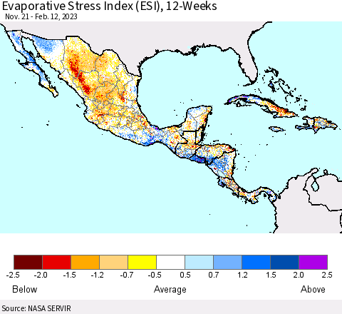 Mexico Central America and the Caribbean Evaporative Stress Index (ESI), 12-Weeks Thematic Map For 2/6/2023 - 2/12/2023