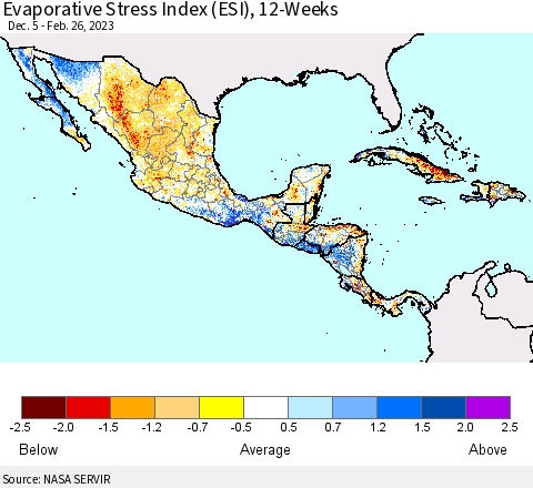 Mexico Central America and the Caribbean Evaporative Stress Index (ESI), 12-Weeks Thematic Map For 2/20/2023 - 2/26/2023