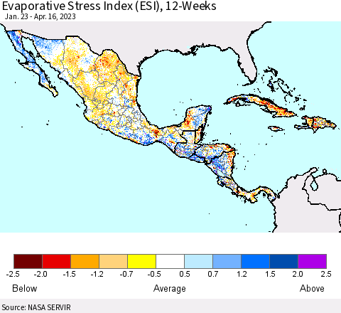 Mexico Central America and the Caribbean Evaporative Stress Index (ESI), 12-Weeks Thematic Map For 4/10/2023 - 4/16/2023