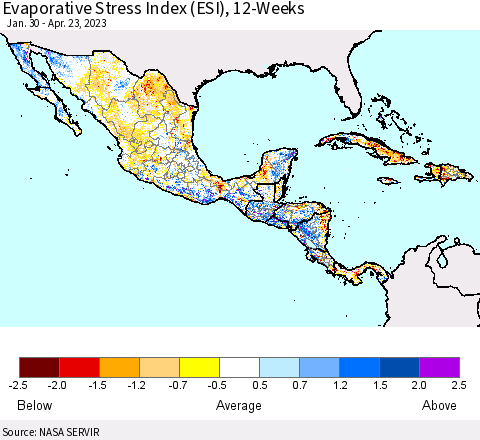 Mexico Central America and the Caribbean Evaporative Stress Index (ESI), 12-Weeks Thematic Map For 4/17/2023 - 4/23/2023