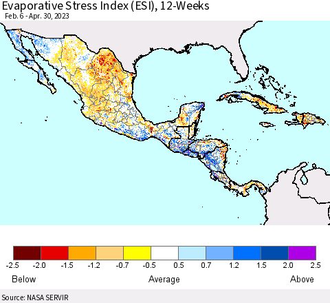 Mexico Central America and the Caribbean Evaporative Stress Index (ESI), 12-Weeks Thematic Map For 4/24/2023 - 4/30/2023