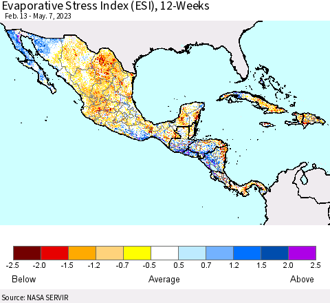 Mexico Central America and the Caribbean Evaporative Stress Index (ESI), 12-Weeks Thematic Map For 5/1/2023 - 5/7/2023