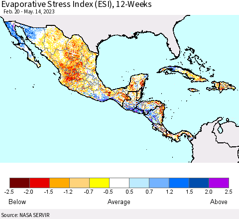 Mexico Central America and the Caribbean Evaporative Stress Index (ESI), 12-Weeks Thematic Map For 5/8/2023 - 5/14/2023