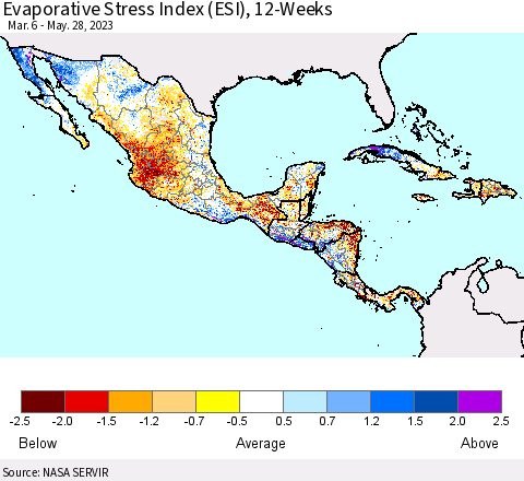 Mexico Central America and the Caribbean Evaporative Stress Index (ESI), 12-Weeks Thematic Map For 5/22/2023 - 5/28/2023