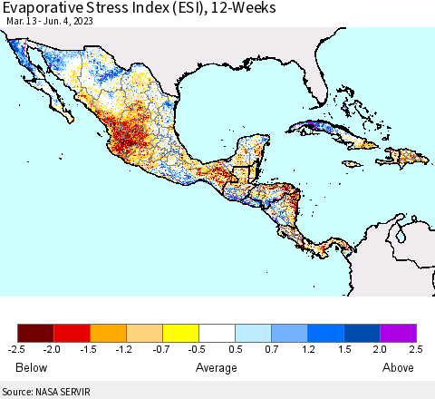 Mexico Central America and the Caribbean Evaporative Stress Index (ESI), 12-Weeks Thematic Map For 5/29/2023 - 6/4/2023