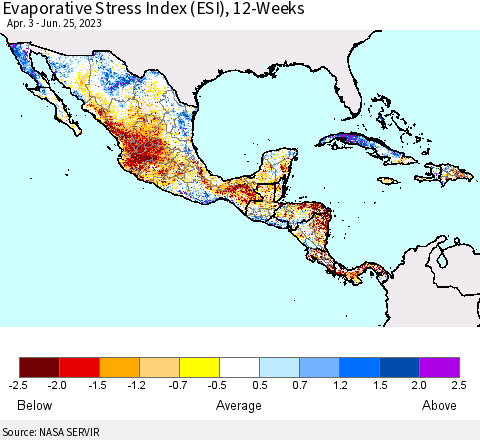 Mexico Central America and the Caribbean Evaporative Stress Index (ESI), 12-Weeks Thematic Map For 6/19/2023 - 6/25/2023