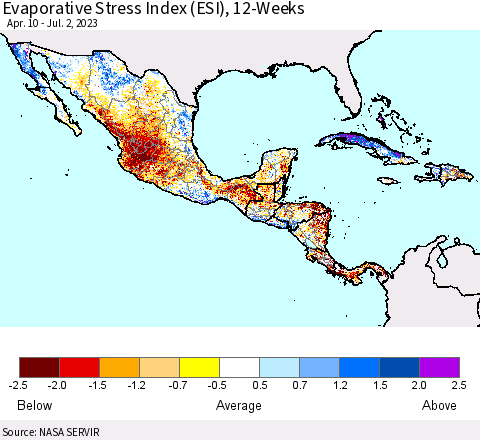 Mexico Central America and the Caribbean Evaporative Stress Index (ESI), 12-Weeks Thematic Map For 6/26/2023 - 7/2/2023