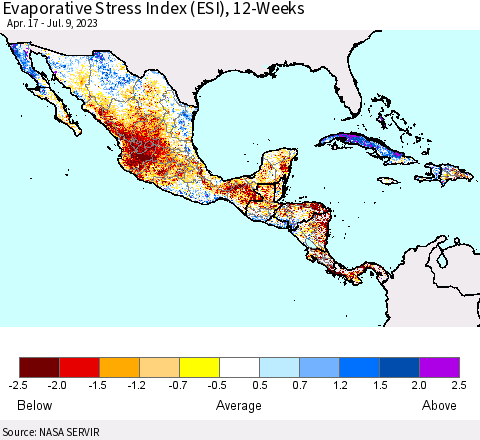 Mexico Central America and the Caribbean Evaporative Stress Index (ESI), 12-Weeks Thematic Map For 7/3/2023 - 7/9/2023