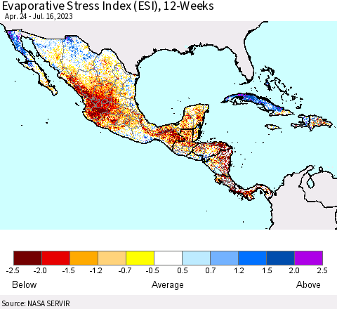 Mexico Central America and the Caribbean Evaporative Stress Index (ESI), 12-Weeks Thematic Map For 7/10/2023 - 7/16/2023
