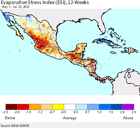 Mexico Central America and the Caribbean Evaporative Stress Index (ESI), 12-Weeks Thematic Map For 7/17/2023 - 7/23/2023
