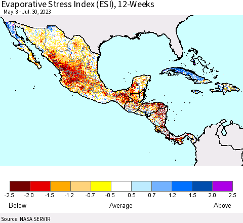 Mexico Central America and the Caribbean Evaporative Stress Index (ESI), 12-Weeks Thematic Map For 7/24/2023 - 7/30/2023