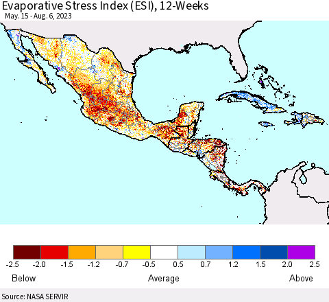 Mexico Central America and the Caribbean Evaporative Stress Index (ESI), 12-Weeks Thematic Map For 7/31/2023 - 8/6/2023