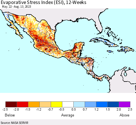 Mexico Central America and the Caribbean Evaporative Stress Index (ESI), 12-Weeks Thematic Map For 8/7/2023 - 8/13/2023