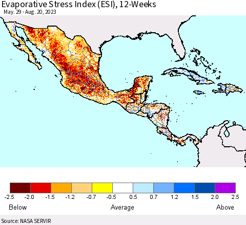 Mexico Central America and the Caribbean Evaporative Stress Index (ESI), 12-Weeks Thematic Map For 8/14/2023 - 8/20/2023
