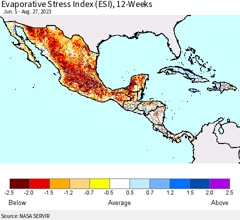 Mexico Central America and the Caribbean Evaporative Stress Index (ESI), 12-Weeks Thematic Map For 8/21/2023 - 8/27/2023