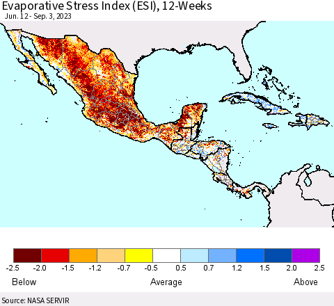 Mexico Central America and the Caribbean Evaporative Stress Index (ESI), 12-Weeks Thematic Map For 8/28/2023 - 9/3/2023