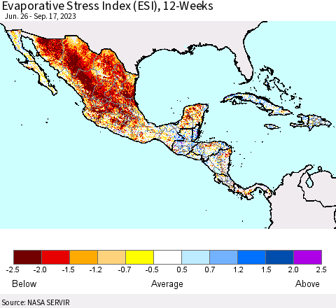 Mexico Central America and the Caribbean Evaporative Stress Index (ESI), 12-Weeks Thematic Map For 9/11/2023 - 9/17/2023
