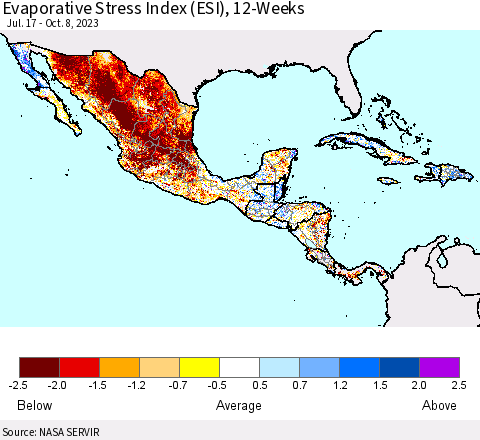 Mexico Central America and the Caribbean Evaporative Stress Index (ESI), 12-Weeks Thematic Map For 10/2/2023 - 10/8/2023