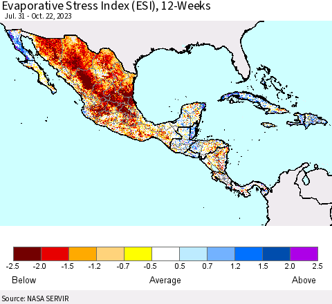 Mexico Central America and the Caribbean Evaporative Stress Index (ESI), 12-Weeks Thematic Map For 10/16/2023 - 10/22/2023