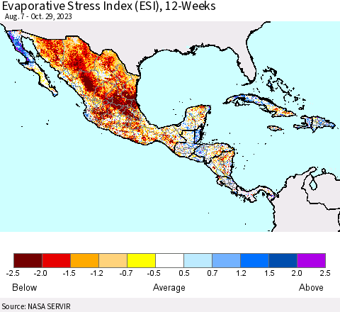 Mexico Central America and the Caribbean Evaporative Stress Index (ESI), 12-Weeks Thematic Map For 10/23/2023 - 10/29/2023