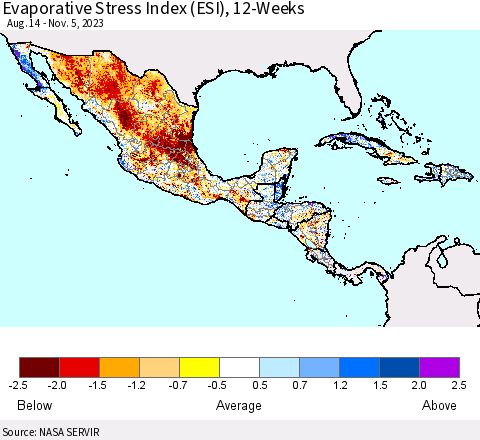 Mexico Central America and the Caribbean Evaporative Stress Index (ESI), 12-Weeks Thematic Map For 10/30/2023 - 11/5/2023