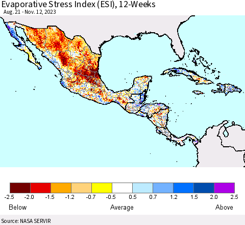 Mexico Central America and the Caribbean Evaporative Stress Index (ESI), 12-Weeks Thematic Map For 11/6/2023 - 11/12/2023
