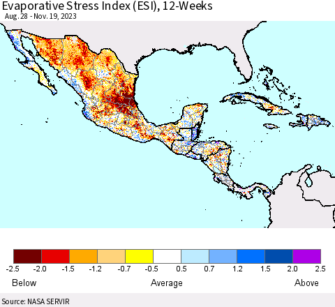 Mexico Central America and the Caribbean Evaporative Stress Index (ESI), 12-Weeks Thematic Map For 11/13/2023 - 11/19/2023