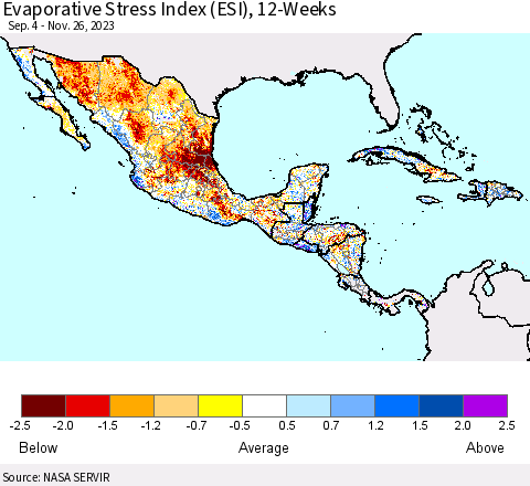 Mexico Central America and the Caribbean Evaporative Stress Index (ESI), 12-Weeks Thematic Map For 11/20/2023 - 11/26/2023