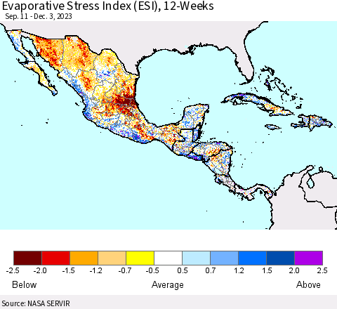 Mexico Central America and the Caribbean Evaporative Stress Index (ESI), 12-Weeks Thematic Map For 11/27/2023 - 12/3/2023