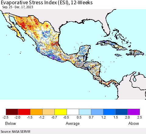 Mexico Central America and the Caribbean Evaporative Stress Index (ESI), 12-Weeks Thematic Map For 12/11/2023 - 12/17/2023