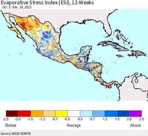 Mexico Central America and the Caribbean Evaporative Stress Index (ESI), 12-Weeks Thematic Map For 12/18/2023 - 12/24/2023