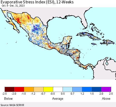 Mexico Central America and the Caribbean Evaporative Stress Index (ESI), 12-Weeks Thematic Map For 12/25/2023 - 12/31/2023