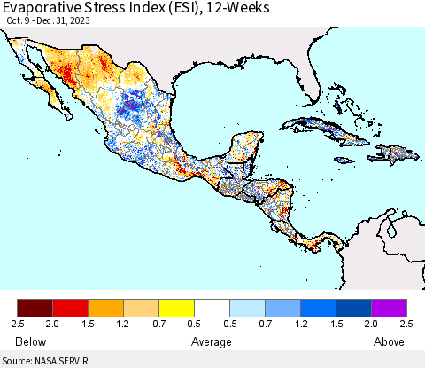 Mexico Central America and the Caribbean Evaporative Stress Index (ESI), 12-Weeks Thematic Map For 1/1/2024 - 1/7/2024