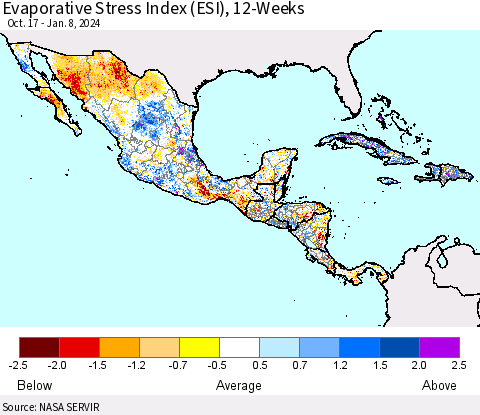 Mexico Central America and the Caribbean Evaporative Stress Index (ESI), 12-Weeks Thematic Map For 1/8/2024 - 1/14/2024