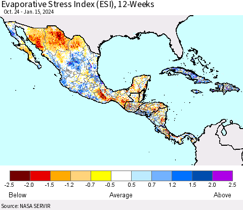 Mexico Central America and the Caribbean Evaporative Stress Index (ESI), 12-Weeks Thematic Map For 1/15/2024 - 1/21/2024