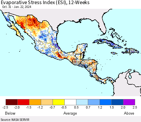 Mexico Central America and the Caribbean Evaporative Stress Index (ESI), 12-Weeks Thematic Map For 1/22/2024 - 1/28/2024