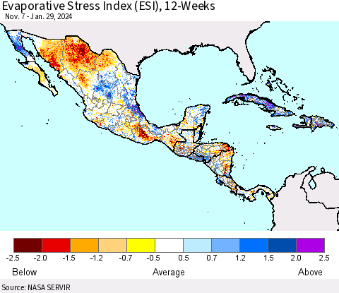 Mexico Central America and the Caribbean Evaporative Stress Index (ESI), 12-Weeks Thematic Map For 1/29/2024 - 2/4/2024