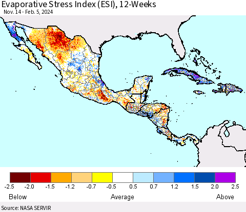Mexico Central America and the Caribbean Evaporative Stress Index (ESI), 12-Weeks Thematic Map For 2/5/2024 - 2/11/2024
