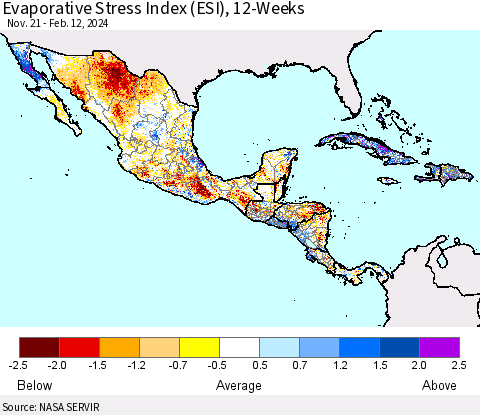 Mexico Central America and the Caribbean Evaporative Stress Index (ESI), 12-Weeks Thematic Map For 2/12/2024 - 2/18/2024