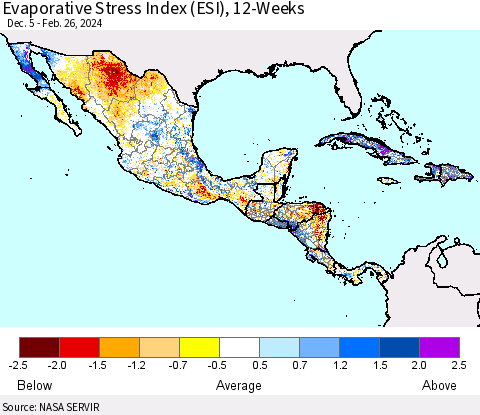 Mexico Central America and the Caribbean Evaporative Stress Index (ESI), 12-Weeks Thematic Map For 2/26/2024 - 3/3/2024