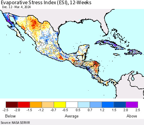 Mexico Central America and the Caribbean Evaporative Stress Index (ESI), 12-Weeks Thematic Map For 3/4/2024 - 3/10/2024