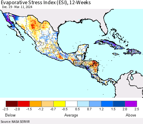 Mexico Central America and the Caribbean Evaporative Stress Index (ESI), 12-Weeks Thematic Map For 3/11/2024 - 3/17/2024