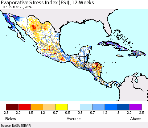 Mexico Central America and the Caribbean Evaporative Stress Index (ESI), 12-Weeks Thematic Map For 3/25/2024 - 3/31/2024